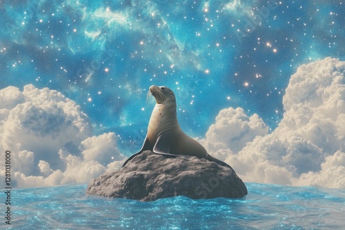 Seal perched on rock surrounded by shimmering water and cosmic c