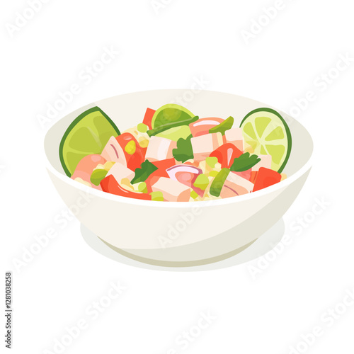 Flat vector ceviche, minimalist design, isolated on a white background.

