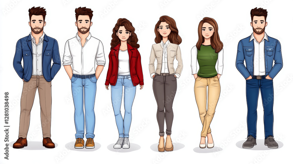 Obraz premium Stylish group of young adults in casual outfits, showcasing diverse fashion choices
