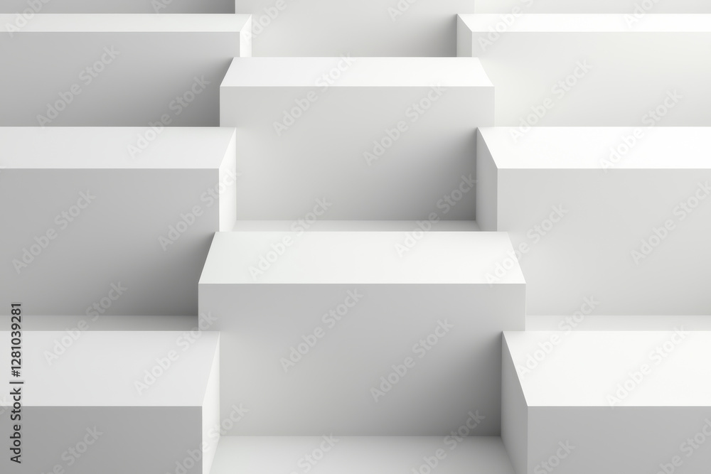 Abstract view of white geometric blocks creating depth and perspective. Abstract view of white geometric blocks creating depth and perspective.