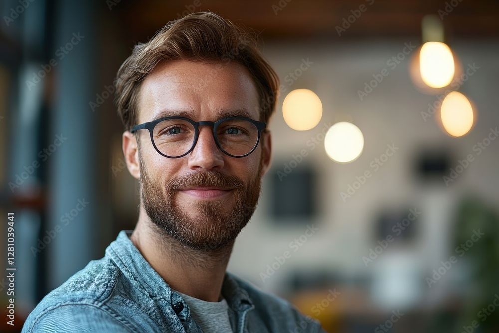 Smiling young man with glasses in casual attire, standing in a modern setting with warm bokeh lights in the background Smiling young man with glasses in casual attire, standing in a modern setting with warm bokeh lights in the background
