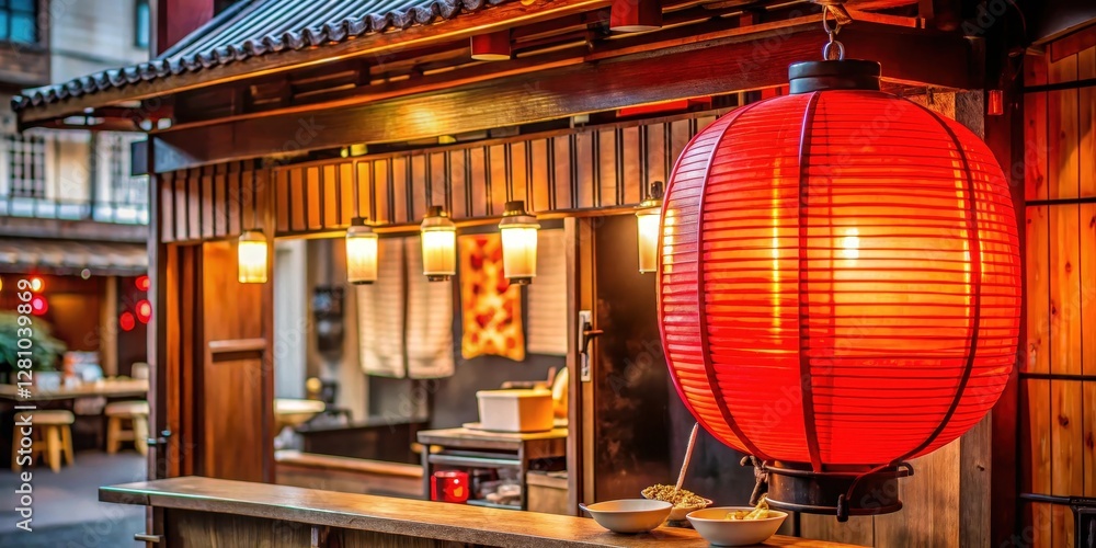 Traditional Japanese street food stall with a large red lantern hanging from the eaves above entrance, ramen, entrance
