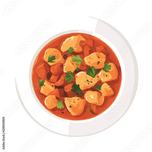 Flat vector chicken paprikash, minimalist design, isolated on a white background.

