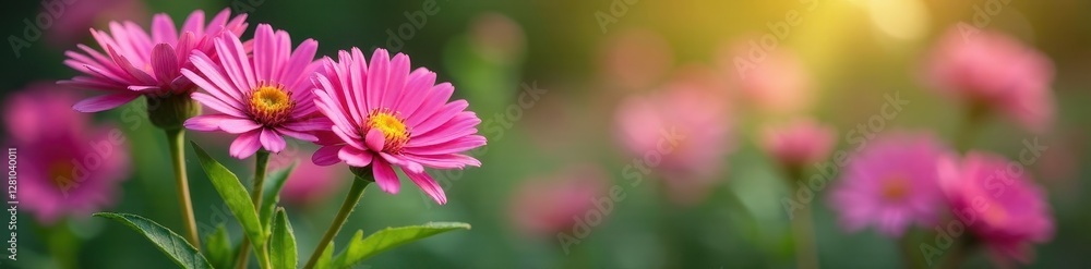 Cluster of vibrant pink New York asters, bokeh green leaves, green, pretty, plant Cluster of vibrant pink New York asters, bokeh green leaves, green, pretty, plant