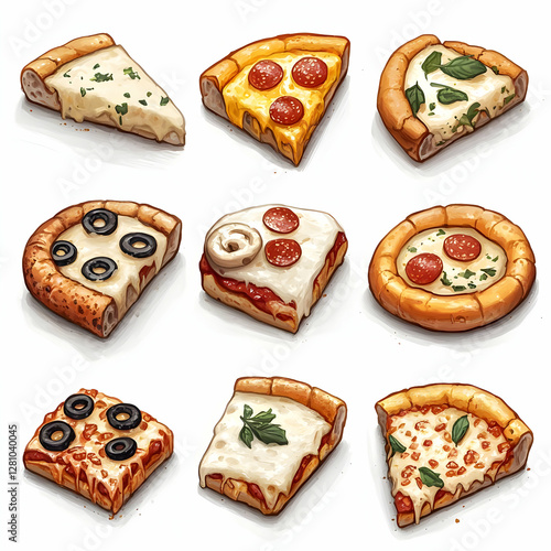 Delicious Pizza Slices Variety Cartoon Illustration photo