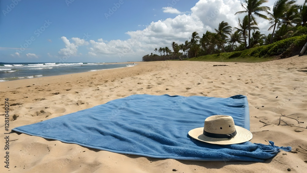 Serene Beach Relaxation Blue Towel and Straw Hat