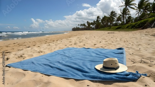 Obraz na płótnie Serene Beach Relaxation Blue Towel and Straw Hat w salonie