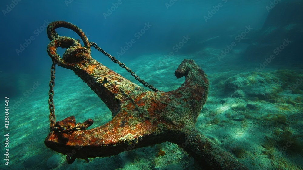 Naklejka premium Ancient Rusty Anchor Underwater