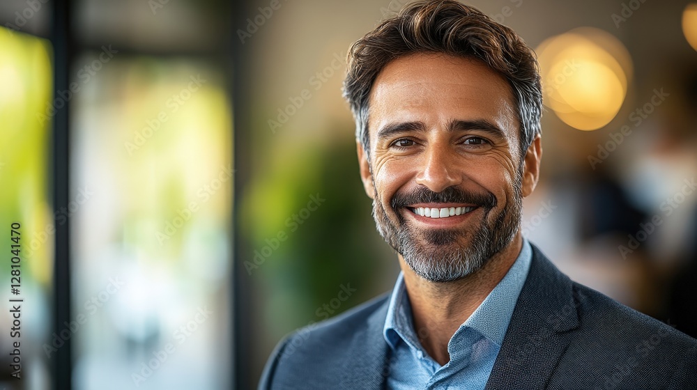 Confident businessman smiling warmly in modern office setting with natural light and contemporary decor Confident businessman smiling warmly in modern office setting with natural light and contemporary decor