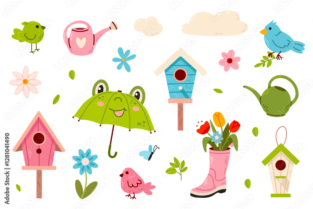 Naklejka premium Cute Spring Element Set with birdhouses, flowers, boots, birds, water can and umbrellas. Perfect for scrapbooking, invitations, and digital crafts.