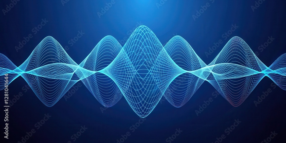 Minimalist blue wireframe sound waves form a vibrant geometric pattern , blue, geometry
