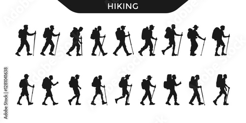 Silhouettes of hikers walking with backpacks and trekking poles