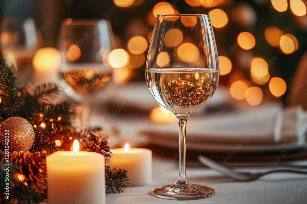 Elegant dining table setup with wine glass, festive candles, and Christmas decorations in soft glowing ambiance Elegant dining table setup with wine glass, festive candles, and Christmas decorations in soft glowing ambiance