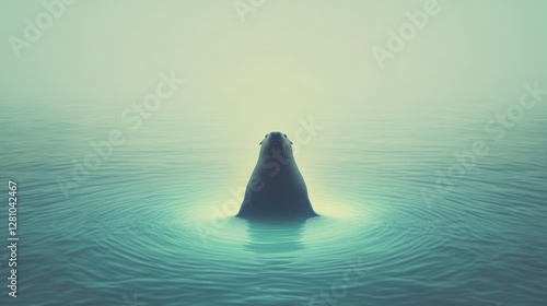 Mysterious silhouette emerges from tranquil waters, surrounded b