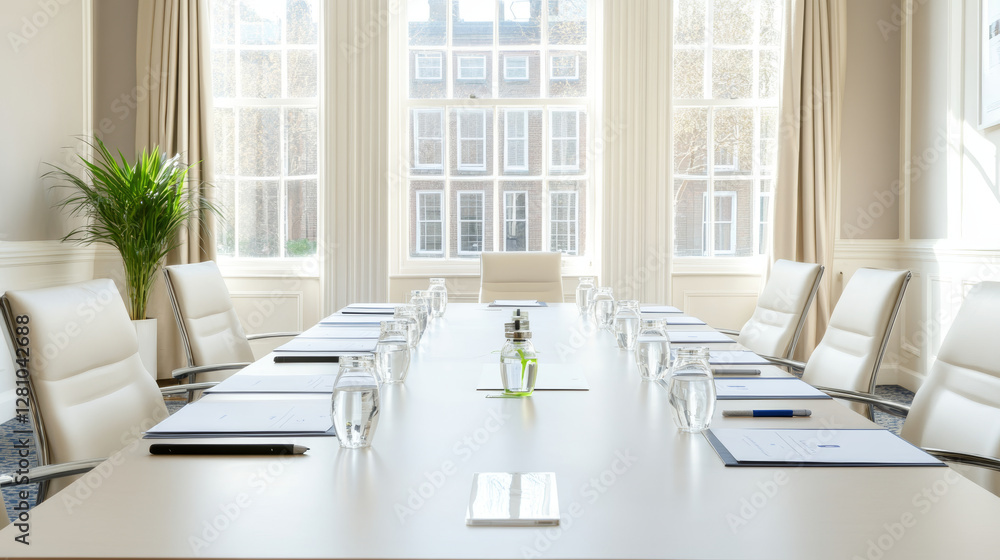 Fototapeta premium modern conference room with long table, chairs, and natural light. space is designed for meetings, featuring water glasses and stationery