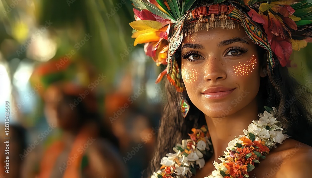 Fototapeta premium Islanders with glowing AR cultural traditions, vibrant tropical setting, soft natural lighting, photorealistic