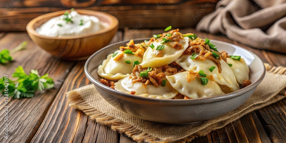 Pierogi ruskie topped with sour cream and fried onions in a bowl on a wooden table, polish cuisine, homemade food Pierogi ruskie topped with sour cream and fried onions in a bowl on a wooden table, polish cuisine, homemade food