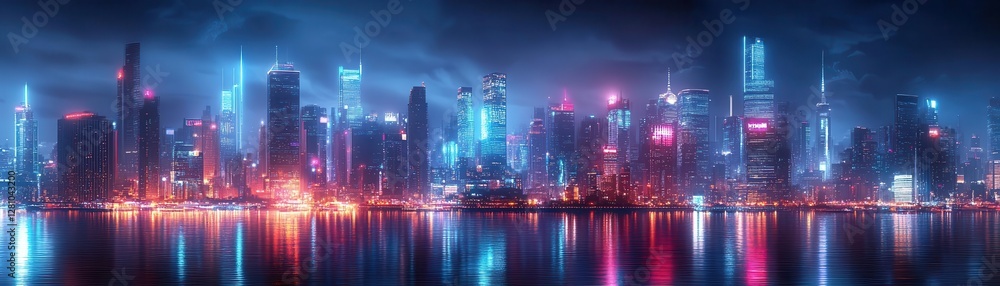 Obraz premium Lublae City skyline with futuristic glowing architecture, vibrant urban landscape, dynamic night lighting, photorealistic