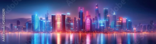 Lublae City skyline with futuristic glowing architecture, vibrant urban landscape, dynamic night lighting, photorealistic
