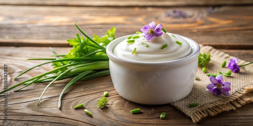 Creamy sour cream in a small white ceramic pot with a lid on a wooden table, garnished with chopped fresh chives and edible flowers, cooking vessel, wooden table Creamy sour cream in a small white ceramic pot with a lid on a wooden table, garnished with chopped fresh chives and edible flowers, cooking vessel, wooden table