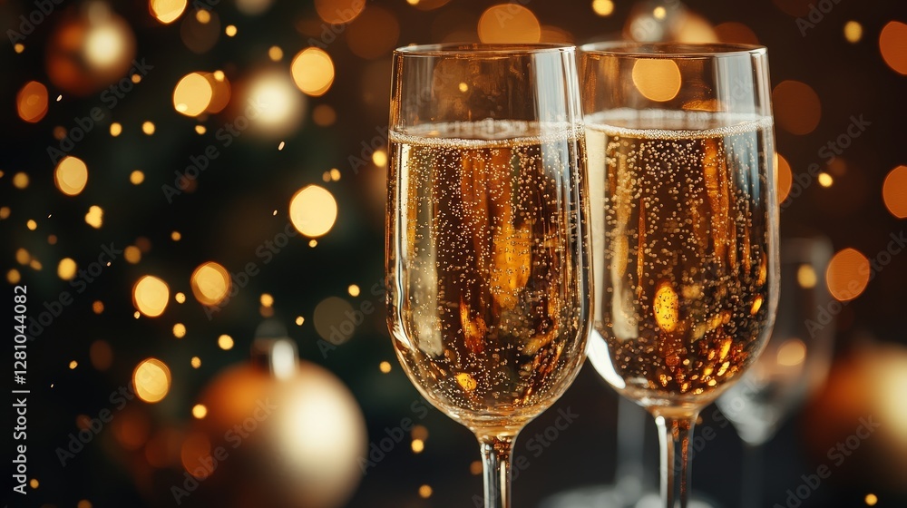 Sparkling Champagne Glasses Toasting Against a Background of Festive Bokeh Lights and Golden Ornaments for Celebration Sparkling Champagne Glasses Toasting Against a Background of Festive Bokeh Lights and Golden Ornaments for Celebration