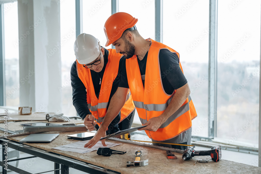 The plan of the project. Two construction workers are in the unfinished room together The plan of the project. Two construction workers are in the unfinished room together