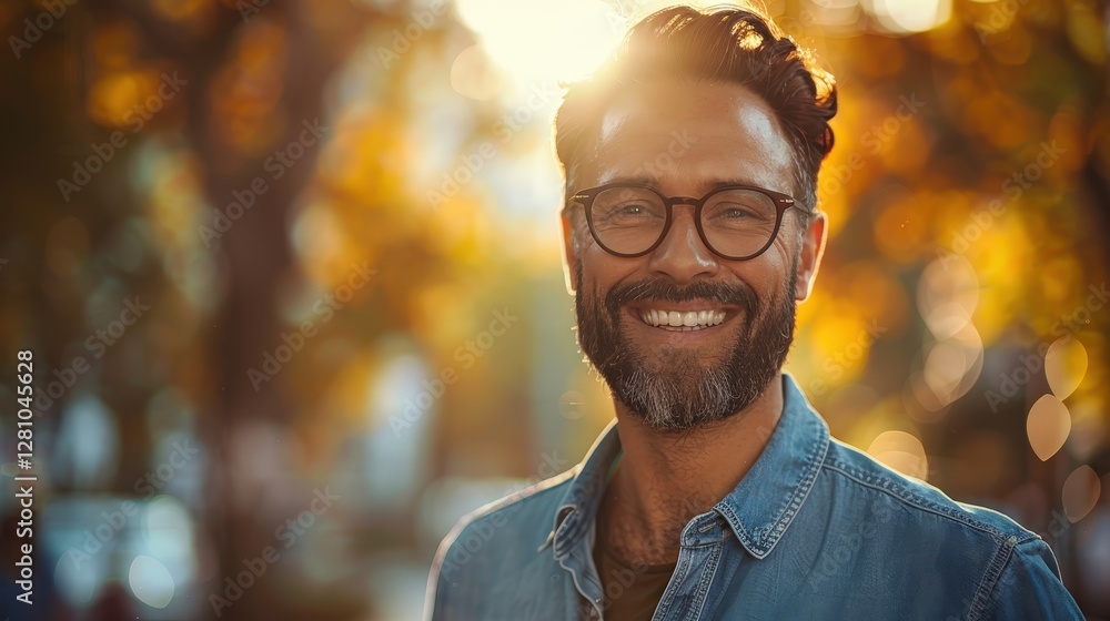 Joyful man with glasses smiling in autumn park surrounded by colorful leaves during golden hour light Joyful man with glasses smiling in autumn park surrounded by colorful leaves during golden hour light