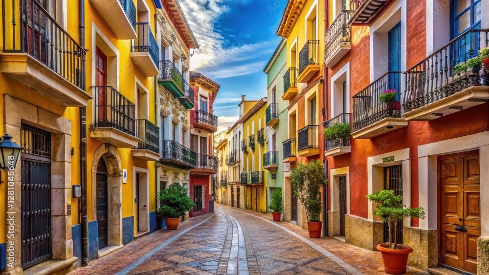 Fototapeta premium Narrow cobblestone street lined with historic colorful buildings and ornate balconies in Denia, Spain, cobblestone streets, tourism