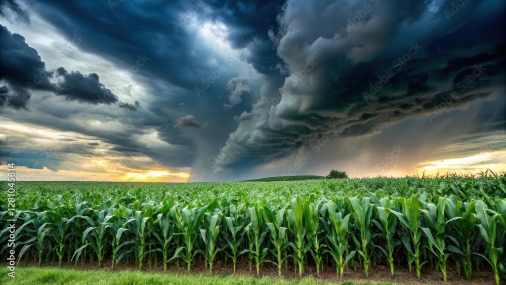 Dark stormy clouds looming over a tasseling corn crop plantation field in summer, summer, harvest, summer, harvest,agriculture, rural
