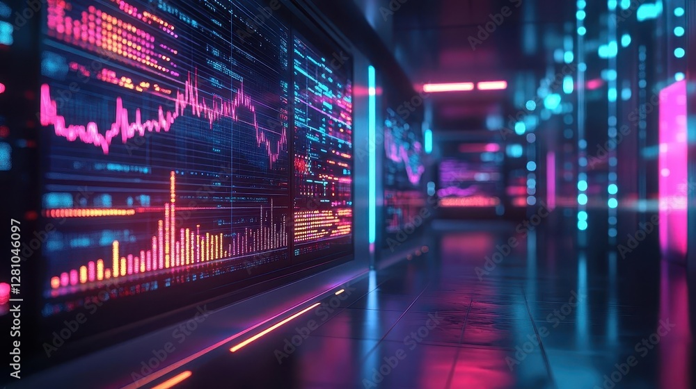 Fototapeta premium Stock market with glowing AR financial data, sleek modern office, dynamic lighting, photorealistic