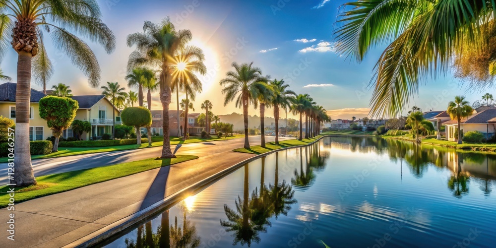 Obraz premium Sunny morning street with palm trees and a lake in Chula Vista neighborhood , Palm Trees, California, Palm Trees