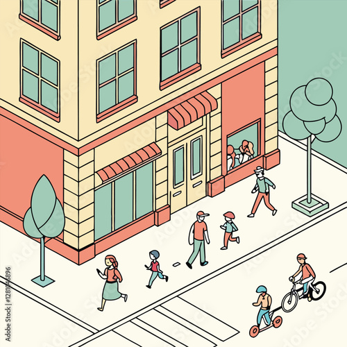 Crowd of tiny people walking with children or dogs, riding bicycles, standing, talking, running. Cartoon men and women performing outdoor activities on city street art and illustration 