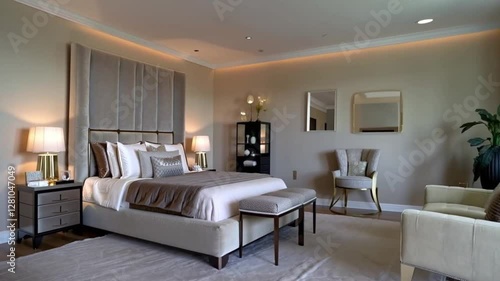 A boutique-style bedroom featuring a custom-made bed, designer side tables, and soft, layered lighting for a cozy yet stylish ambiance.