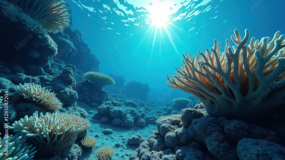 Underwater coral reef landscape affected by coral bleaching with sunlight Underwater coral reef landscape affected by coral bleaching with sunlight