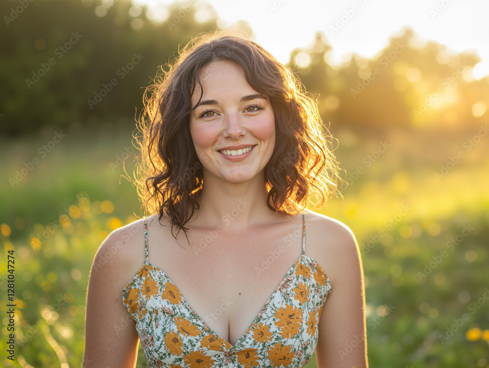 a woman in a floral dress standing in a field with a bright smile on her face. The background is slightly blurred a woman in a floral dress standing in a field with a bright smile on her face. The background is slightly blurred
