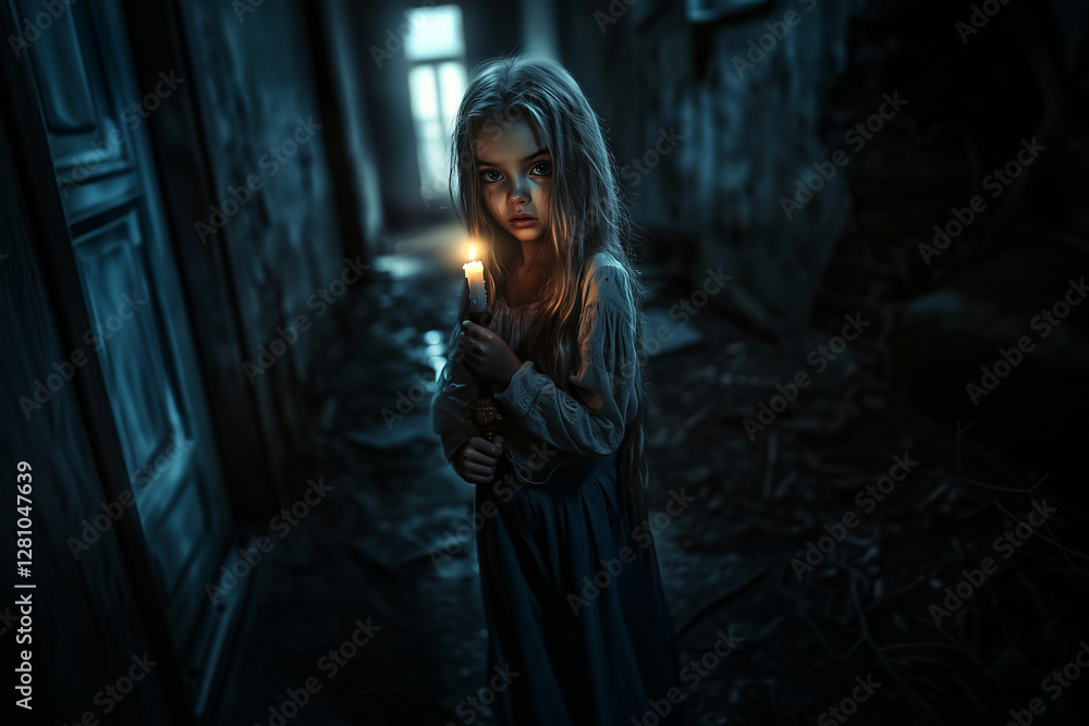 Little frightened girl holding a candle in a dark gloomy corridor background. Little frightened girl holding a candle in a dark gloomy corridor background.