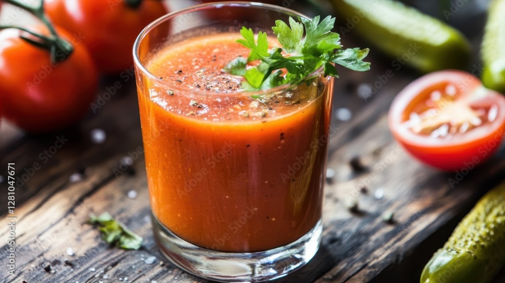 Tomato juice with pickled cucumber, trendy drink with cucumber slices, pickled vegetables Tomato juice with pickled cucumber, trendy drink with cucumber slices, pickled vegetables