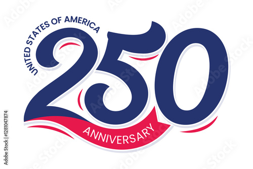 250 years Anniversary logo to celebrate Independence Day of America on 4th July. Fourth of July banner, poster, card. Number 250 typography design with US flag red and blue on white background.