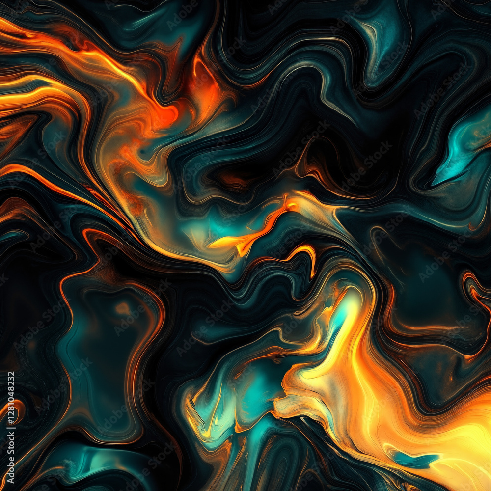 an abstract painting with a black background and orange and blue swirls an abstract painting with a black background and orange and blue swirls