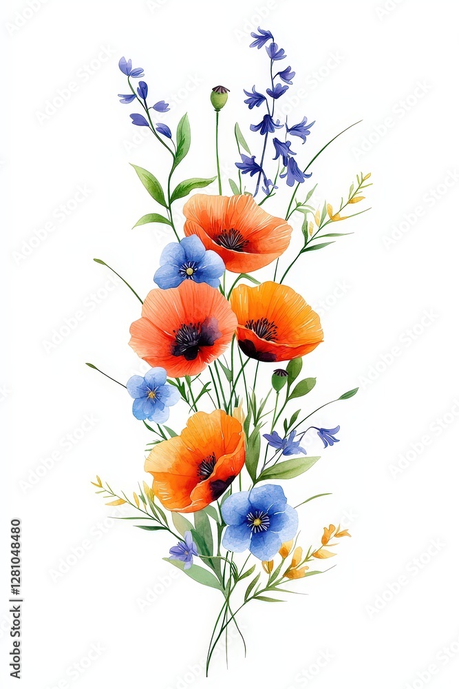 Naklejka premium A vibrant bouquet featuring orange poppies and blue flowers against a white background, showcasing nature's beauty and color.