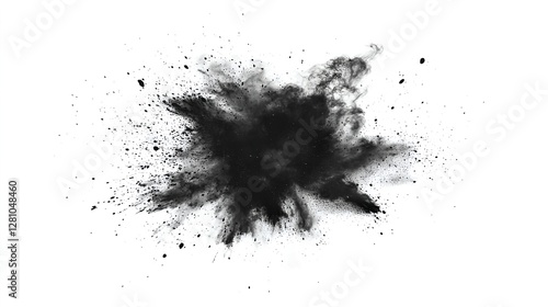 Isolated Black Powder Explosion Creating Smoke and Dust on White Background