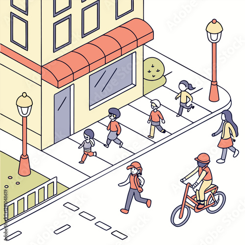 Crowd of tiny people walking with children or dogs, riding bicycles, standing, talking, running. Cartoon men and women performing outdoor activities on city street art and illustration 