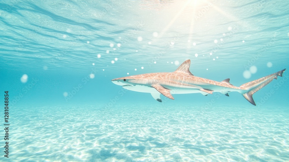 Graceful sharks swim through crystal-clear waters, illuminated b Graceful sharks swim through crystal-clear waters, illuminated b