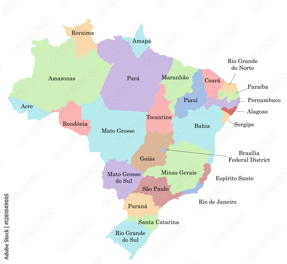 Fototapeta premium Hand drawn map of Brazil with states. Silhouette, Latin America geography. Vector isolated on white background