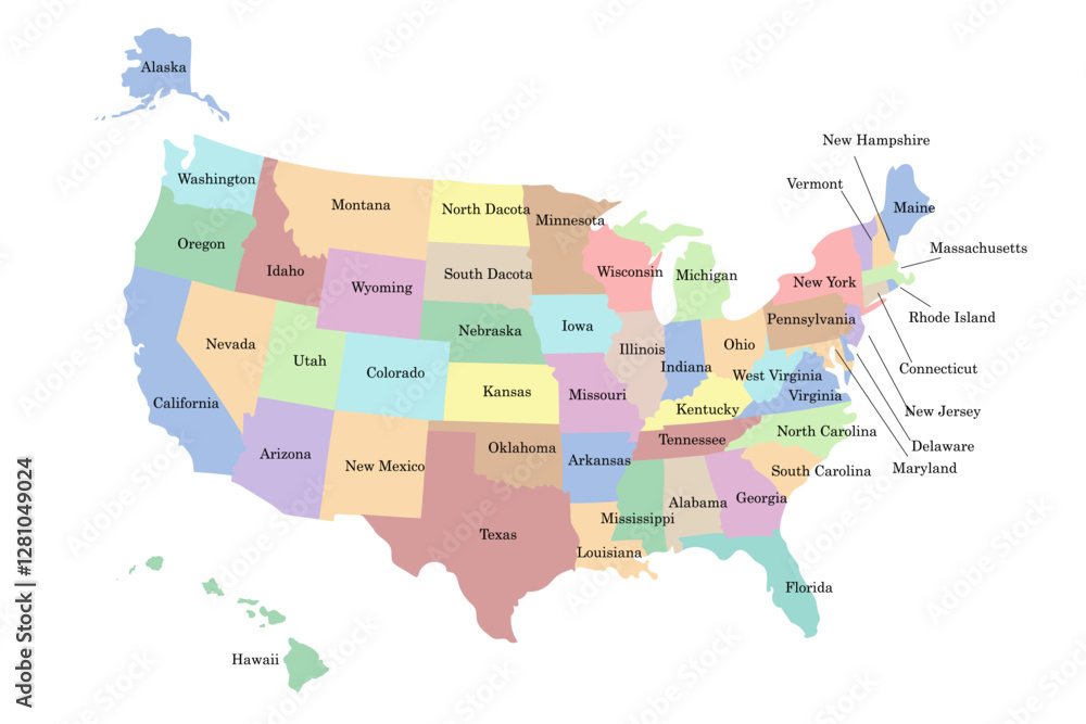 Fototapeta premium Hand drawn map of USA with states. Silhouette, North America geography. United states of America, Alaska, Hawaii. Vector isolated on white background 