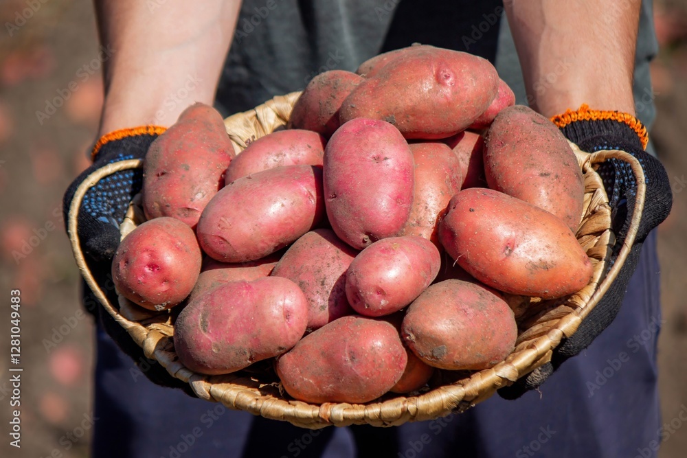 man holding potatoes harvesting. Selective focus man holding potatoes harvesting. Selective focus