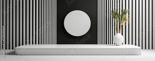 Modern minimalist interior with lines, a circle, and a plant in a stylish vase.
