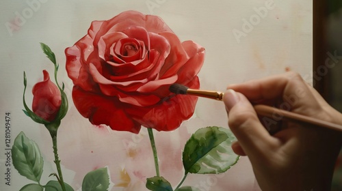 Watercolor Red Rose Flat Vector Illustration