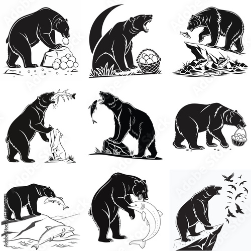 Black Bear Silhouette Vector Art: Wildlife Illustrations of Bears with Fish, Eggs, and Mountain Scenes for Graphic Design Projects