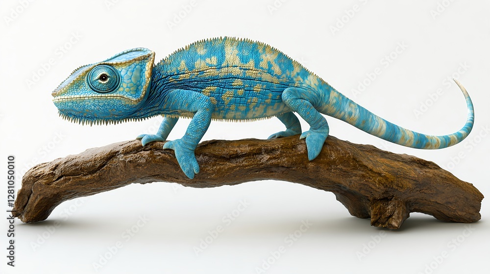 Obraz premium Detailed Photorealistic Chameleon on Branch with White Background